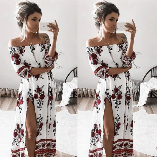 Women's Vintage Boho Beach Off The Shoulder Floral Dress