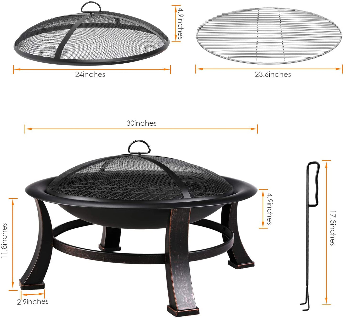 30'' Patio Fire Pit with BBQ Grill Bowl