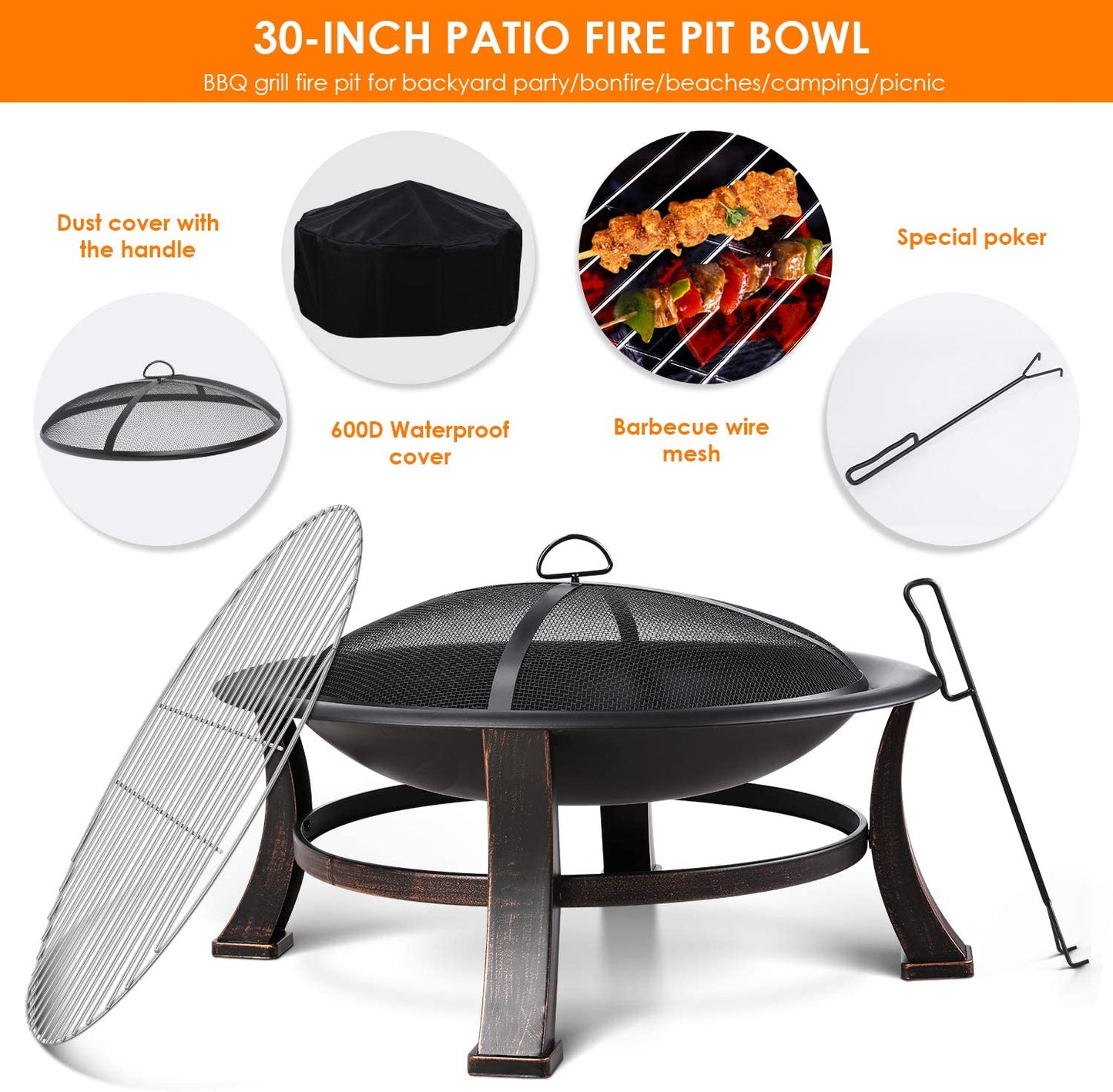 30'' Patio Fire Pit with BBQ Grill Bowl