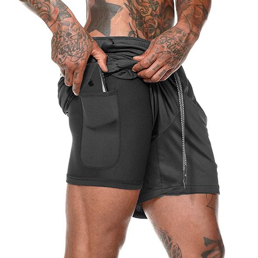 Mens 3 in 1 Quick Dry Workout Shorts with phone & towel holder