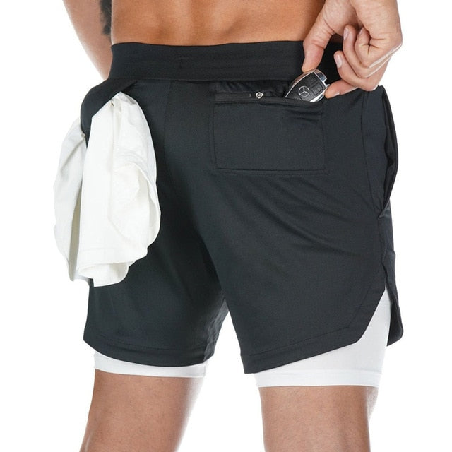 Mens 3 in 1 Quick Dry Workout Shorts with phone & towel holder