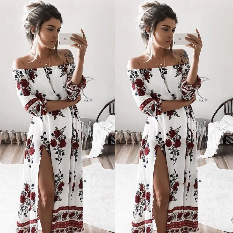 Women's Vintage Boho Beach Off The Shoulder Floral Dress