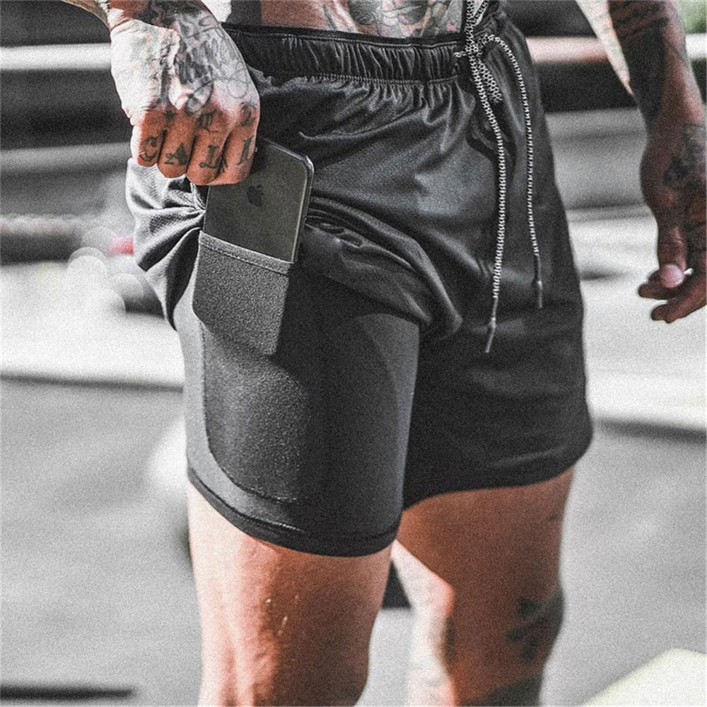 Mens 3 in 1 Quick Dry Workout Shorts with phone & towel holder