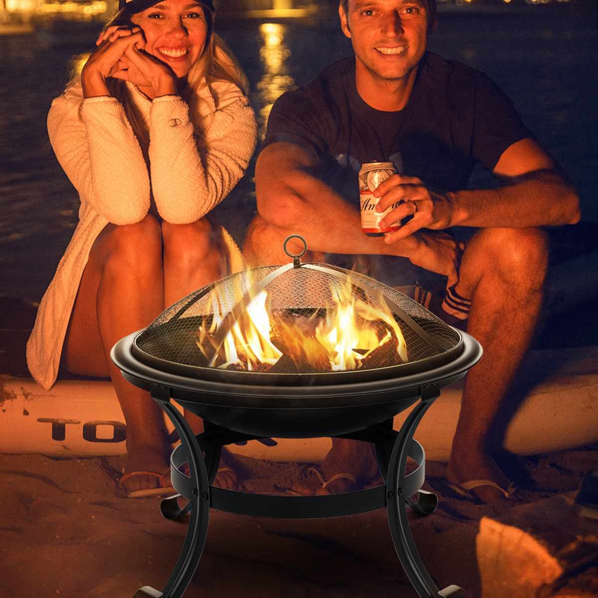 Outdoor Fire Pit - Wood Burning Steel BBQ Grill Bowl with Mesh cover