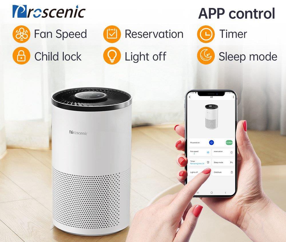 Proscenic A8 Air Purifier for Home with H13 True HEPA Filter and Smart Control
